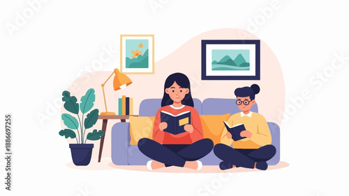 Two individuals relax on a sofa, engrossed in reading books at home