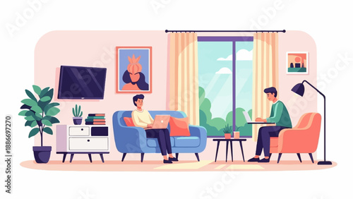 Two individuals using laptops in a cozy living room with abundant natural light