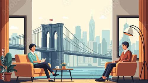 Two individuals relax indoors with a panoramic view of a city skyline and bridge