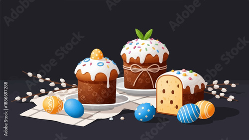 Traditional Easter cakes and decorated eggs with pussy willow branches