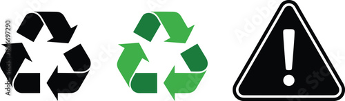 Universal Recycling Symbols and Hazard Warning Icon Set Featuring Green and Black Recycle Arrows and Triangular Caution Alert Sign Vector