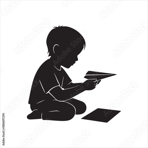  Silhouette young boy playing with paper airplane childhood vector illustration