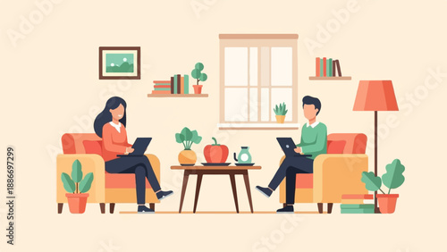 Two individuals relax on sofas in a cozy room, working on laptops