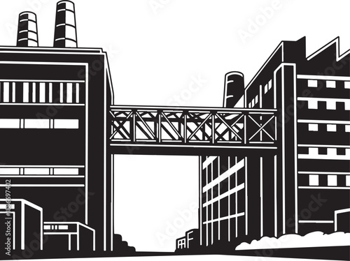 Black and White Industrial Factory Buildings Vector Illustration