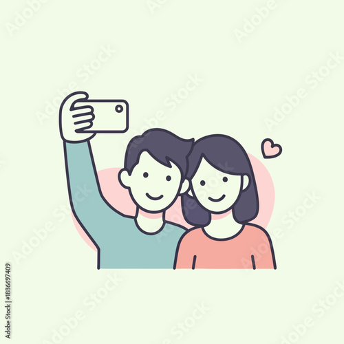 Cartoon Couple Taking Selfie Together Smiling.