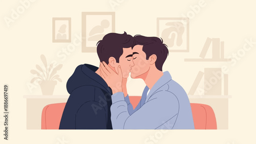 Two men sharing a tender kiss indoors, surrounded by warm decor