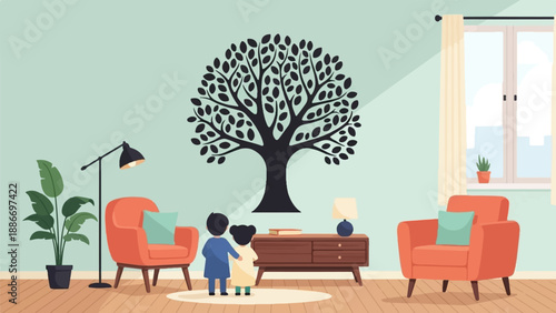Two children admire a large tree decal in a cozy living room