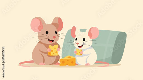 Two cheerful mice, one tan and one white, enjoy cheese