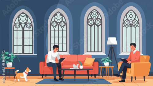 Two men relaxing indoors with pets, one dog and one cat