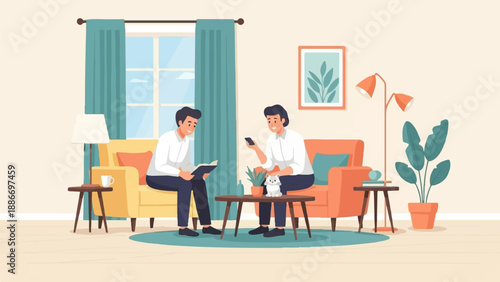 Two men relaxing indoors, one reading a book, the other on his phone, with a pet