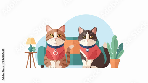 Two cats wearing red sweaters sit on a sofa with plants