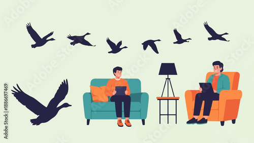 Two men relax indoors while silhouettes of geese fly by
