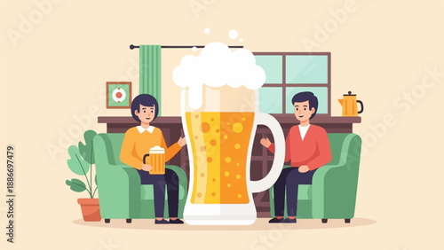 Two men relax on sofas, enjoying a large beer and a casual conversation