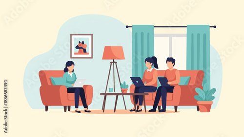 Three people working remotely on laptops in a cozy living room setting