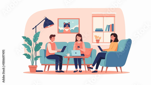 Three people working remotely on laptops in a cozy living room