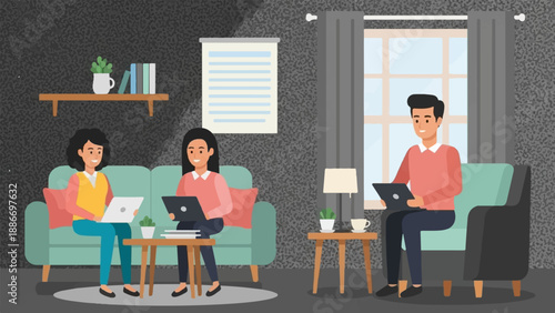 Three people working on laptops in a cozy living room with a window and sofa