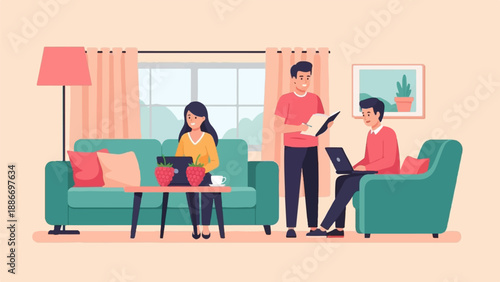 Three people working on laptops in a cozy living room setting