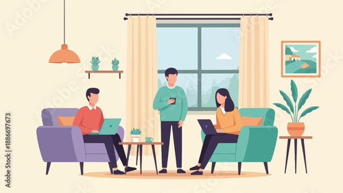 Three people working on laptops in a cozy living room setting (1)