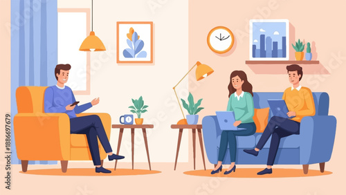 Three people working on laptops at home, with one man in a chair