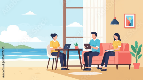 Three people working on laptops by the sea, with one on a couch