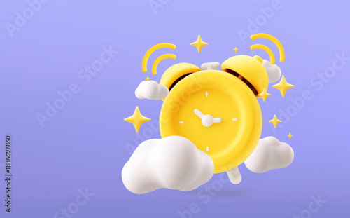 Ringing alarm clock 3D realistic render vector illustration. Alarm clock volumetric button 3D icon, reminder and deadline notice symbol.