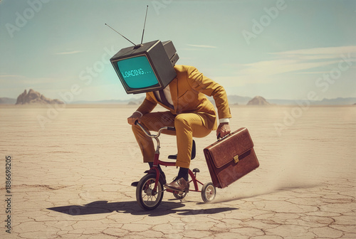 Surreal executive commuting on miniature cycle with buffering text on vintage receiver in barren wasteland