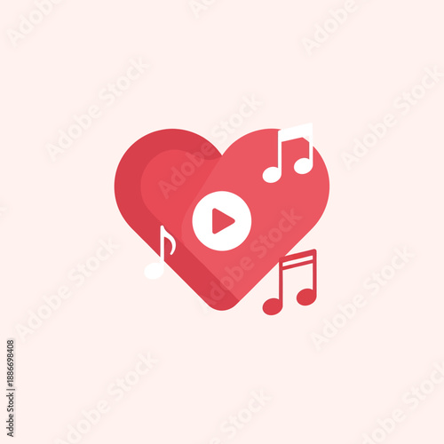 Red Heart with Music Notes and Play.