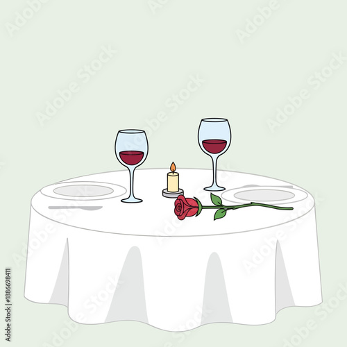 Romantic Dinner Table Setting with Wine Glasses.
