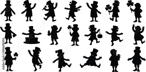 Collection of black silhouettes of children playing and dancing