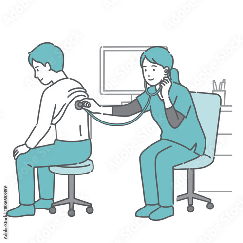 スクラブを着用した女性医療従事者（医師・看護師）による男性の背中の聴診イラスト