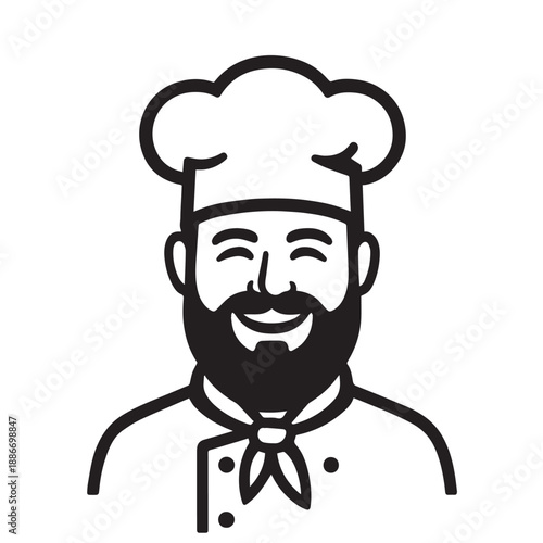A simple vector icon of a male chef represents professionalism, culinary skill, and passion for cooking, using clean lines and a friendly style ideal for food and kitchen branding.