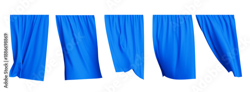 Blue curtain. Different textile drapery. Silk or velvet texture. Luxury home window interior. Hanging cloth vintage. Realistic isolated elements. Vector set