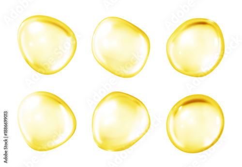 Golden collagen molecules or serum drop realistic vector illustration. Complex molecule of element 3d object on white background