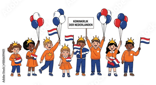 Children Celebrate Netherlands National Day with Flags and Balloons