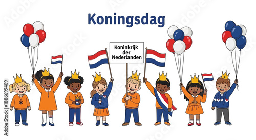 Children Celebrating Koningsdag with Dutch Flags and Balloons, Royal Parade