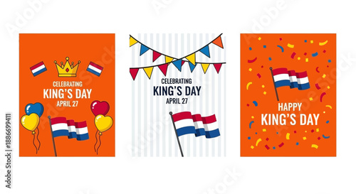 Set of Three Dutch King's Day Celebration Illustrations with Flags and Confetti