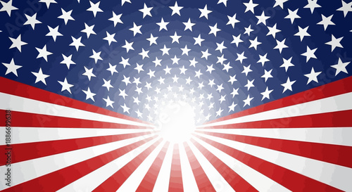 Stylized Abstract American Flag Background with Bursting Light and Stars
