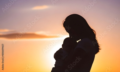 Heartwarming Silhouette of a Loving Mother Gently Holding Her Baby Against a Golden Sunset Sky, Capturing Eternal Maternal Love and Peaceful Parenting Moments