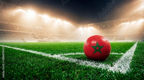 Moroccan soccer ball on green stadium field with bright lights