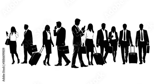 Diverse business professionals with suitcases and phones, traveling for work or leisure