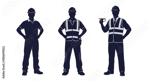 Construction workers in uniform and safety vests, silhouettes on white background