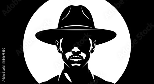 Mysterious Man in Hat Silhouetted Against Bright Circle, Dramatic Black and White Portrait