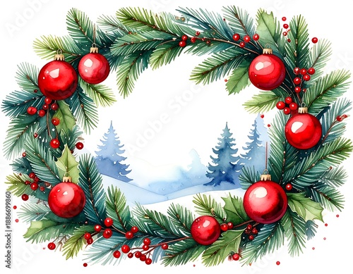 A festive, watercolor-style Christmas wreath featuring evergreen branches, red ornaments, holly berries, and a snowy landscape backdrop