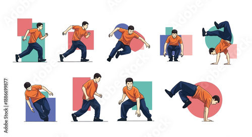 Action Man Performing Various Breakdance Moves and Parkour Jumps in Dynamic Poses