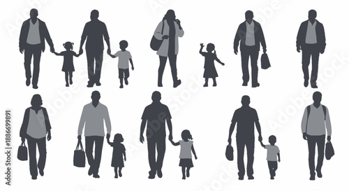 Diverse Silhouettes of People Walking Together as Families and Individuals