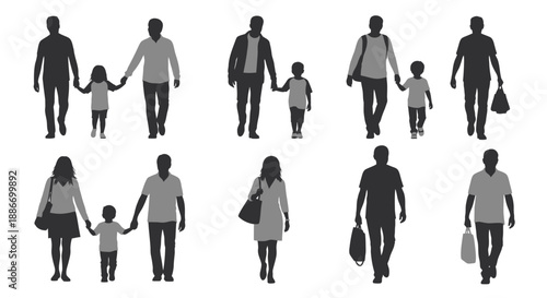 Diverse Family Silhouettes Walking Together and Individually, Representing Connection