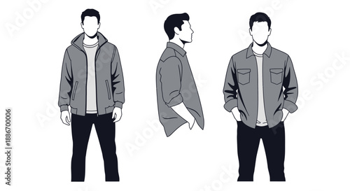 Men's Fashion Mockup: Three Views of a Man Wearing Jackets and Shirts