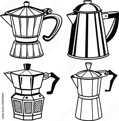 A collection of classic italian moka pots in various designs for coffee brewing