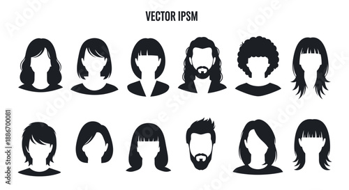 Diverse Set of Black and White Silhouettes of Male and Female Hairstyles