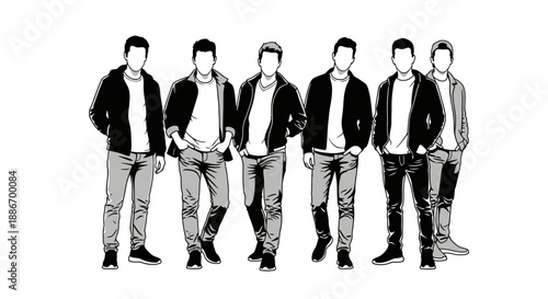 Group of Diverse Men in Casual Outfits Standing Together, Teamwork Concept